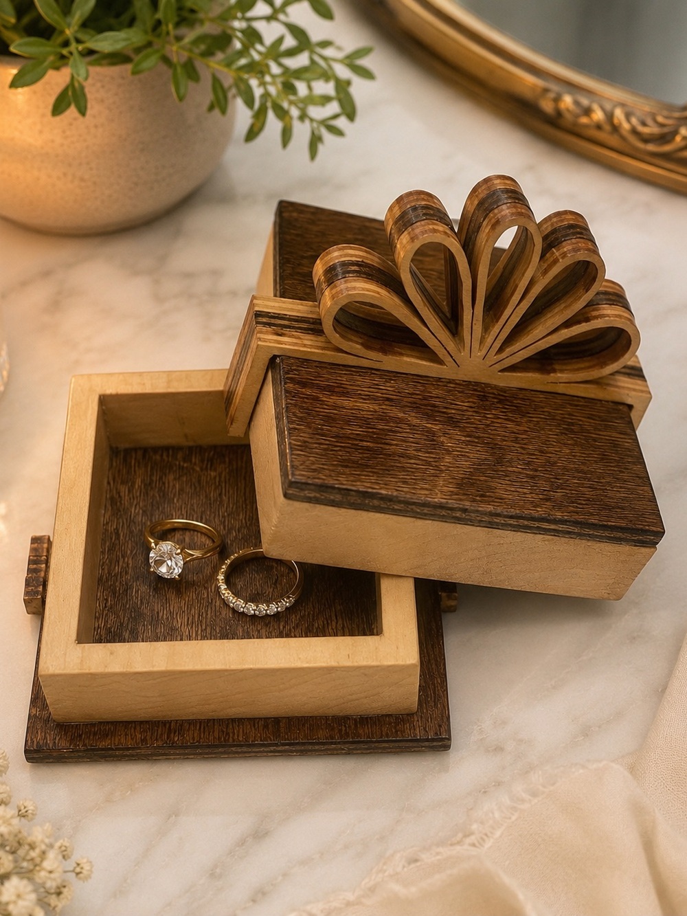 Handcrafted Wooden Trinket Box with Decorative Bow Lid – NWOT – 4” x 4”